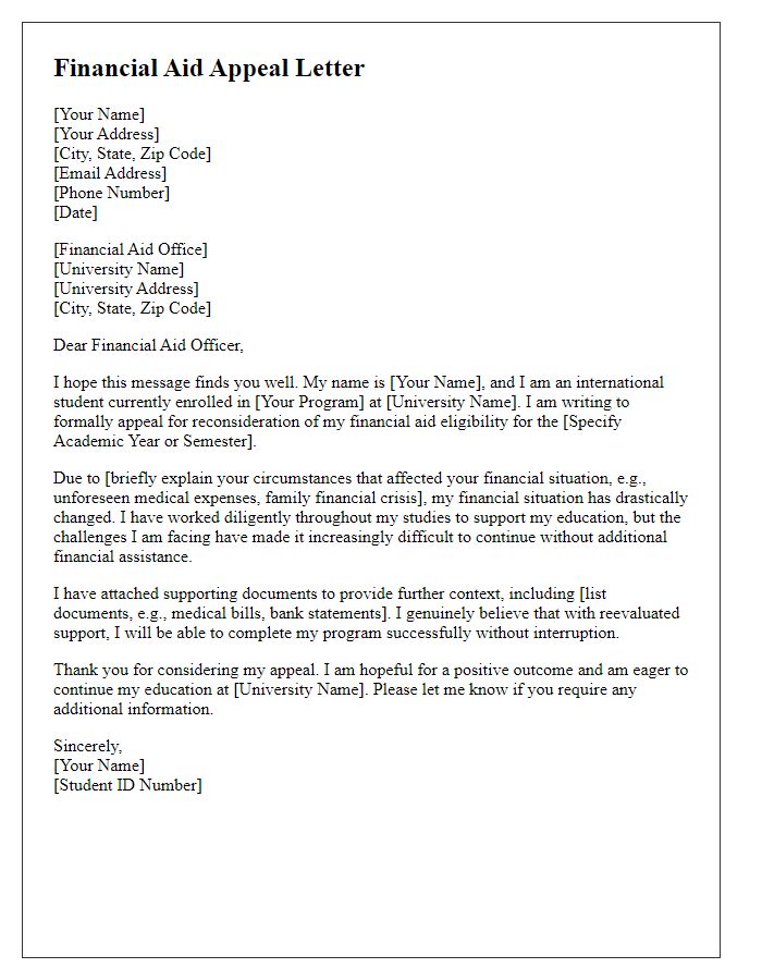 Letter template of appeal for international student financial aid.