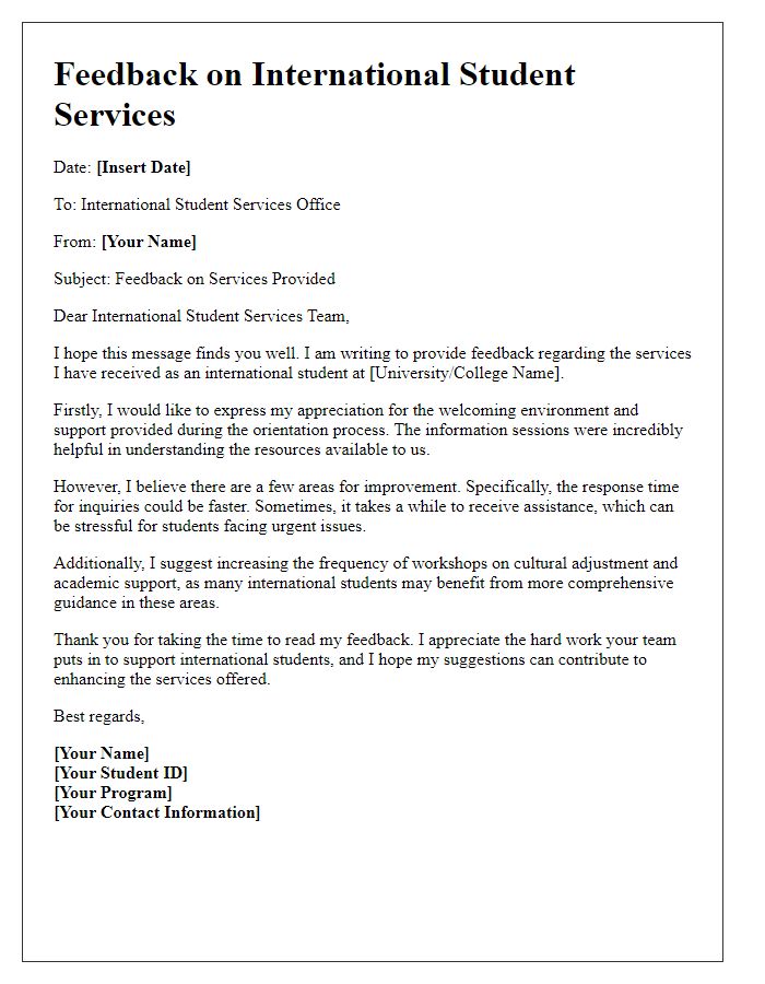 Letter template of feedback for international student services.