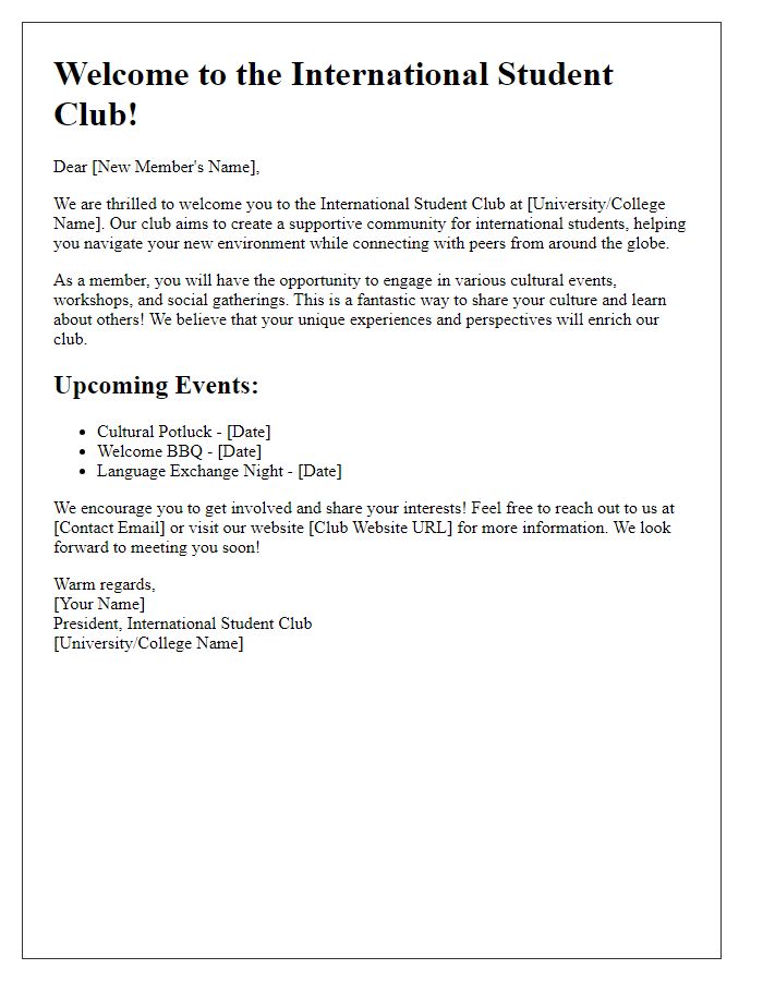 Letter template of introduction for international student clubs.