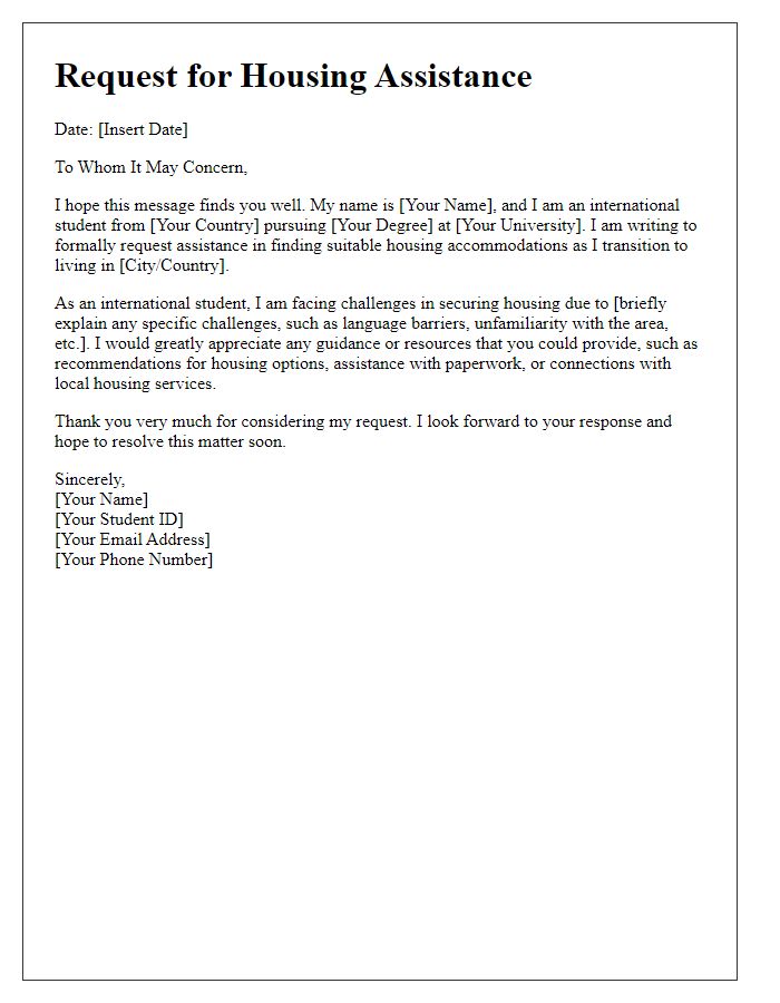 Letter template of request for international student housing assistance.