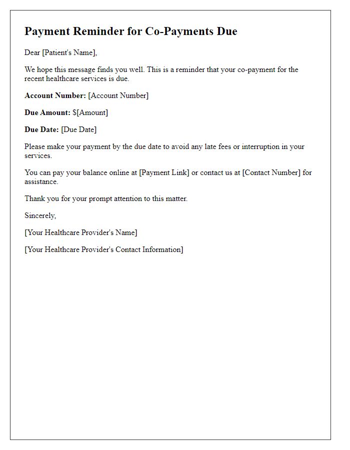 Letter template of healthcare payment reminder for co-payments due.