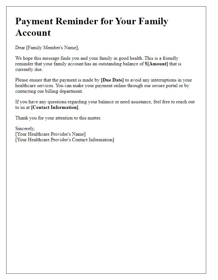 Letter template of healthcare payment reminder for family account balances.