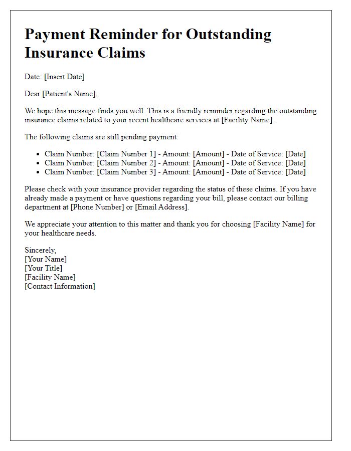 Letter template of healthcare payment reminder for insurance claims outstanding.