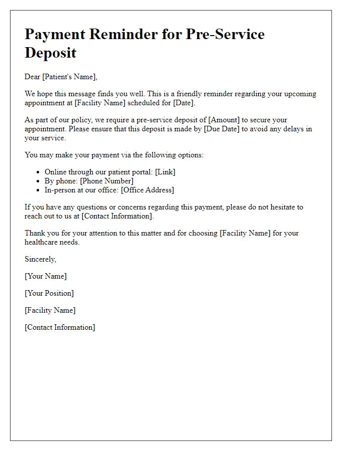 Letter template of healthcare payment reminder for pre-service deposit requests.