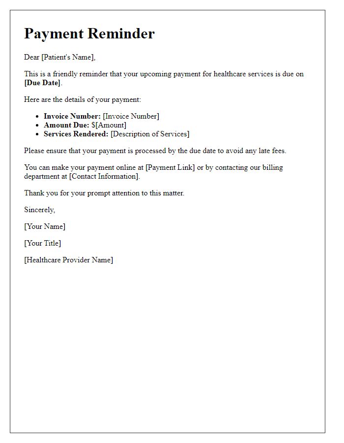 Letter template of healthcare payment reminder for upcoming due dates.