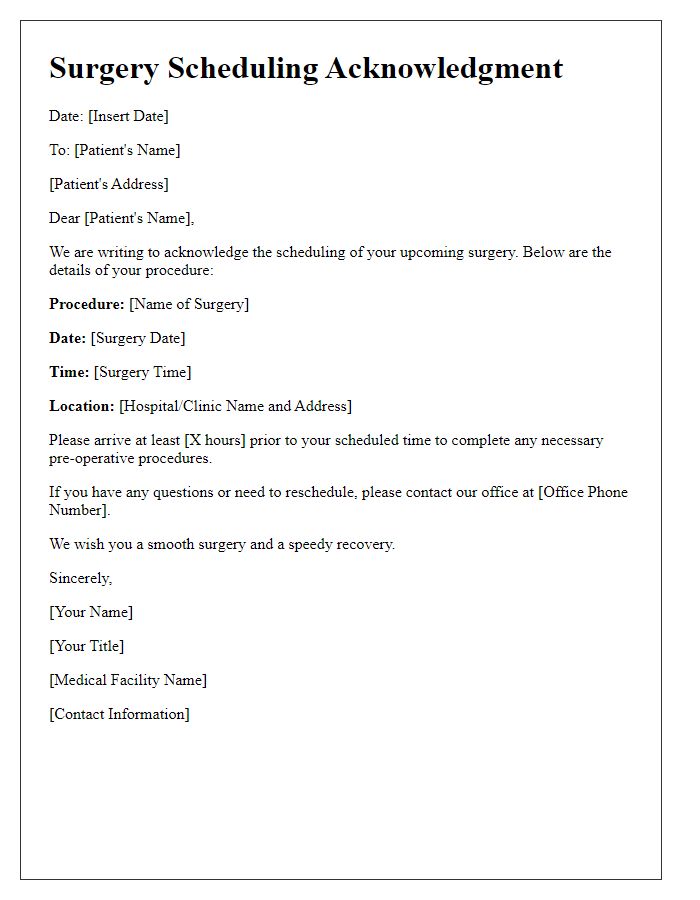 Letter template of surgery scheduling acknowledgment