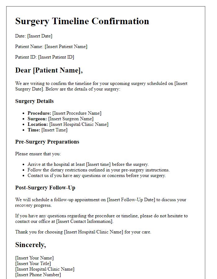 Letter template of surgery timeline confirmation