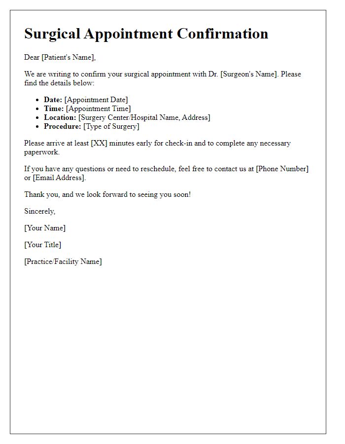 Letter template of surgical appointment confirmation