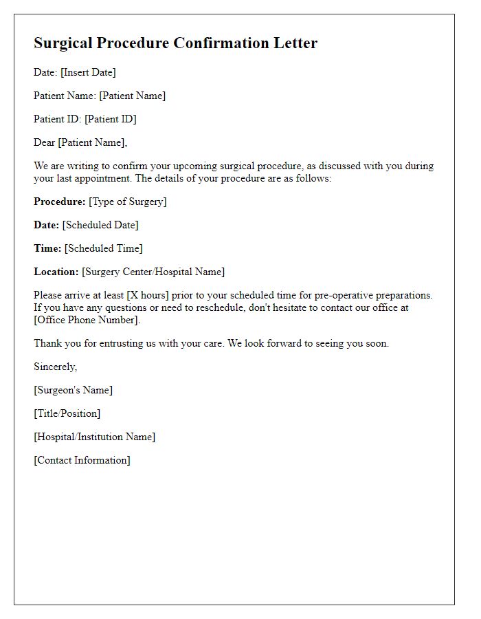 Letter template of surgical procedure confirmation