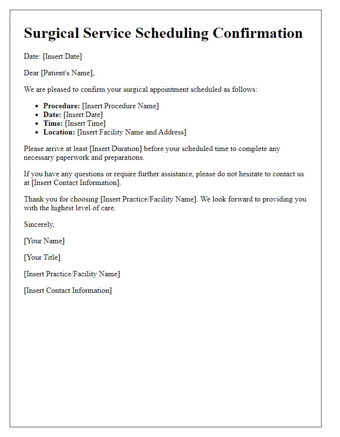 Letter template of surgical service scheduling confirmation