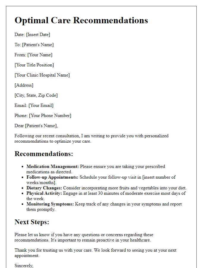 Letter template of optimal care recommendations for patients.