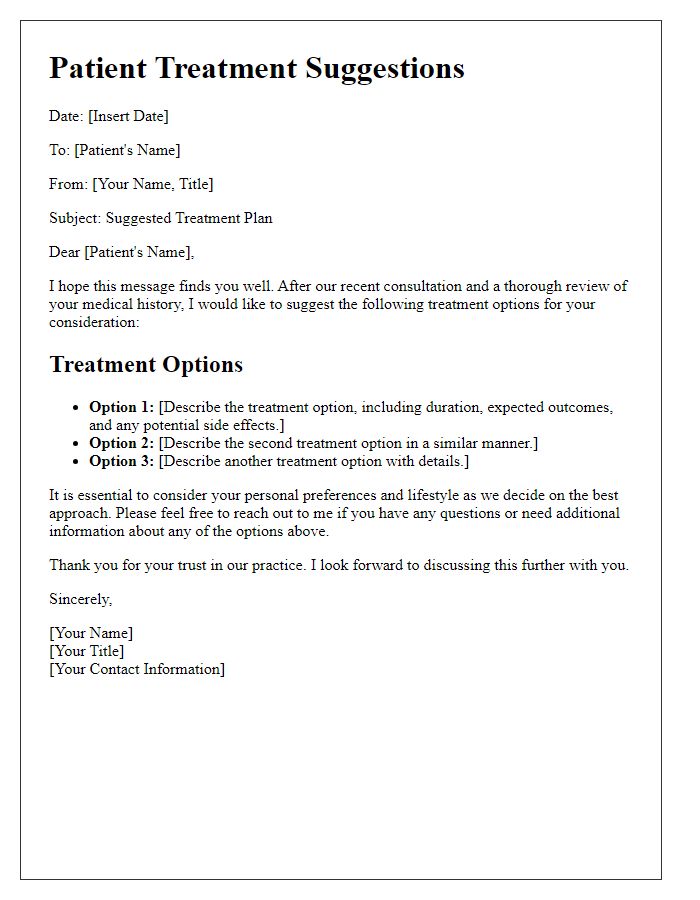 Letter template of patient treatment suggestions.