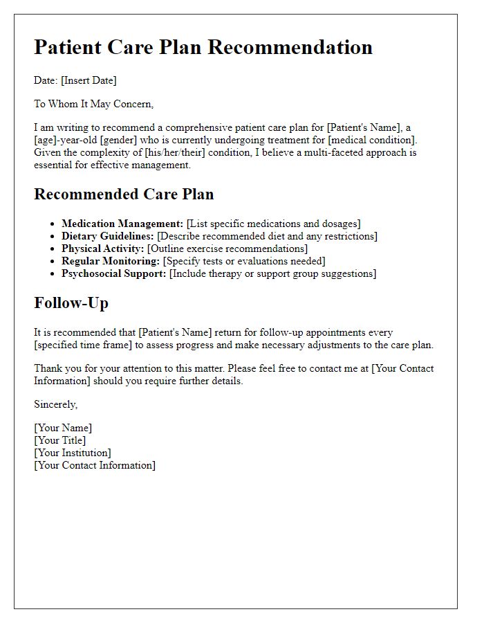 Letter template of recommended patient care plans.