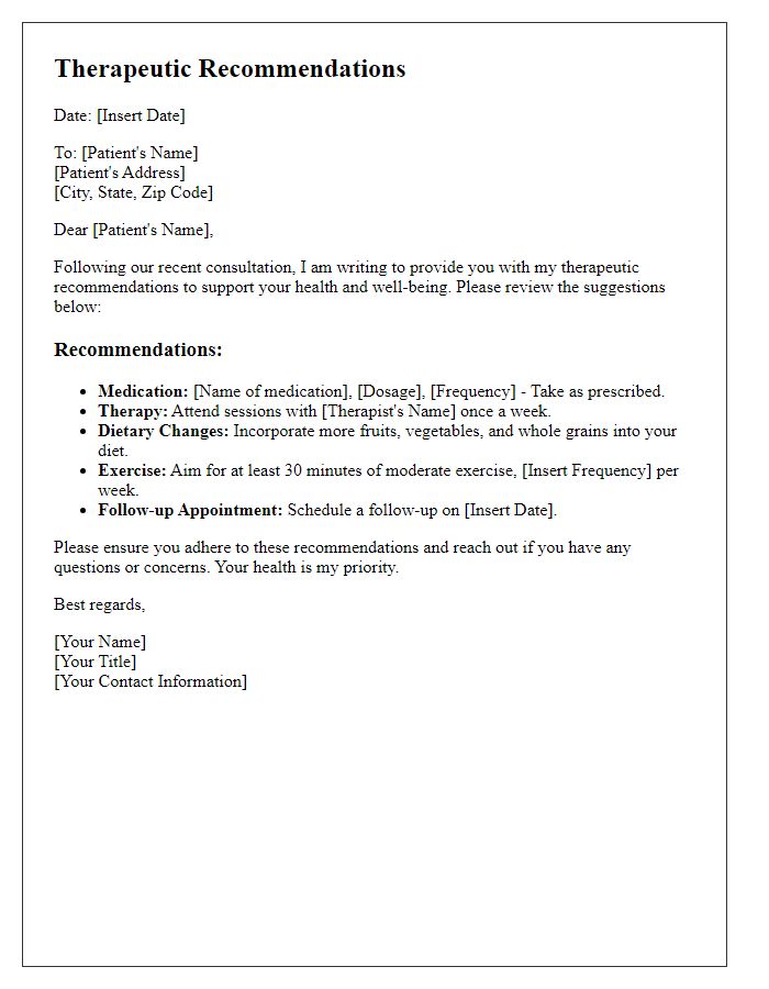 Letter template of therapeutic recommendations for patients.