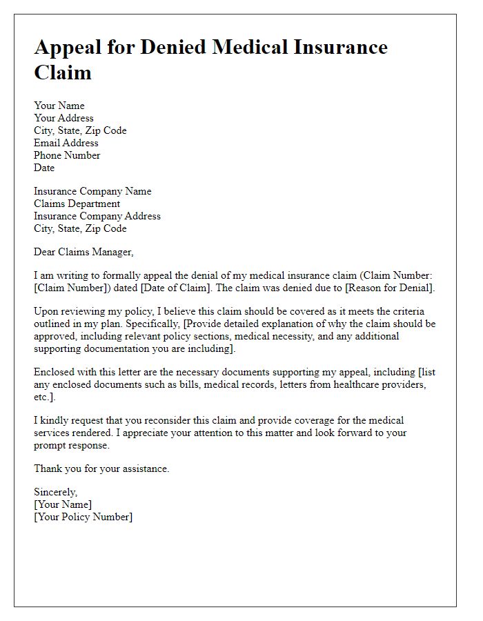 Letter template of appeal for denied medical insurance claim