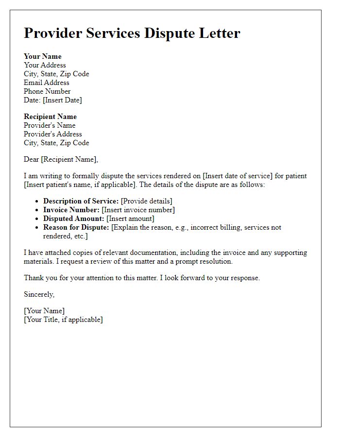 Letter template of provider services dispute.