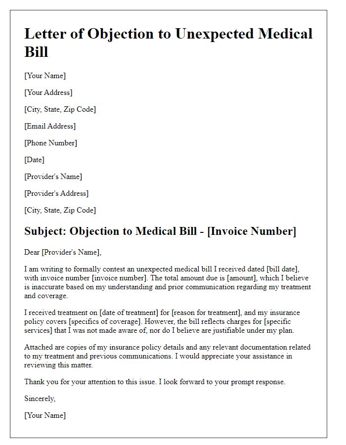 Letter template of unexpected medical bill objection.