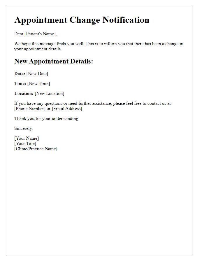 Letter template of changed patient appointment details