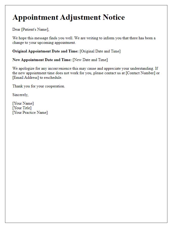 Letter template of patient appointment adjustment notice