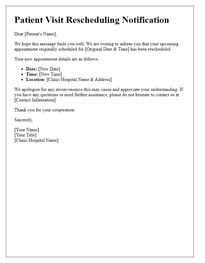 Letter template of patient visit rescheduling notification