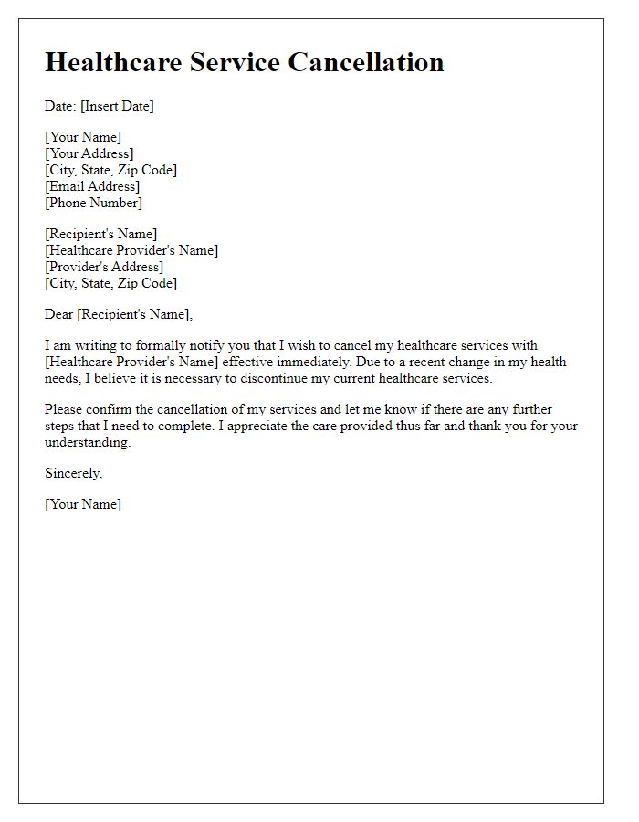 Letter template of healthcare service cancellation for a change in health needs