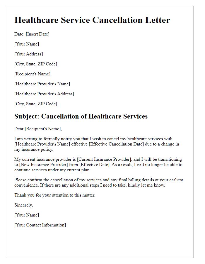 Letter template of healthcare service cancellation for a change in insurance