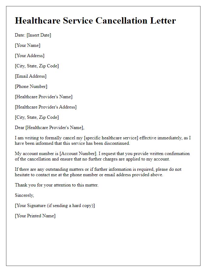 Letter template of healthcare service cancellation for a discontinued service