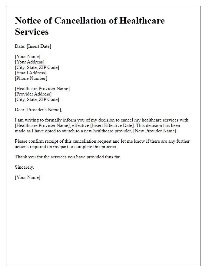 Letter template of healthcare service cancellation due to a new provider