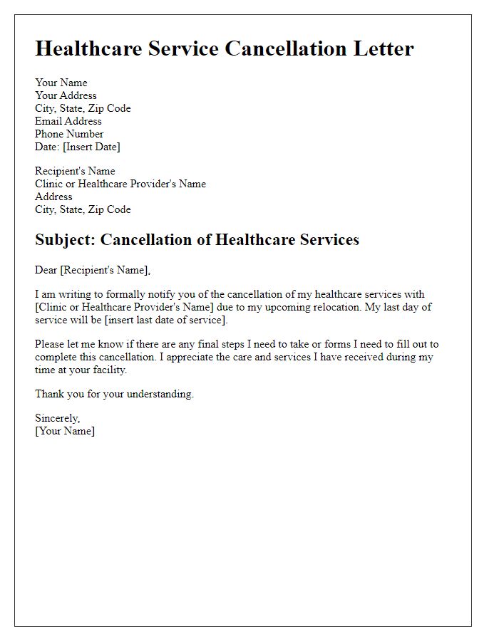 Letter template of healthcare service cancellation for relocation