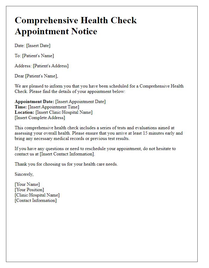 Letter template of Comprehensive Health Check Appointment Notice