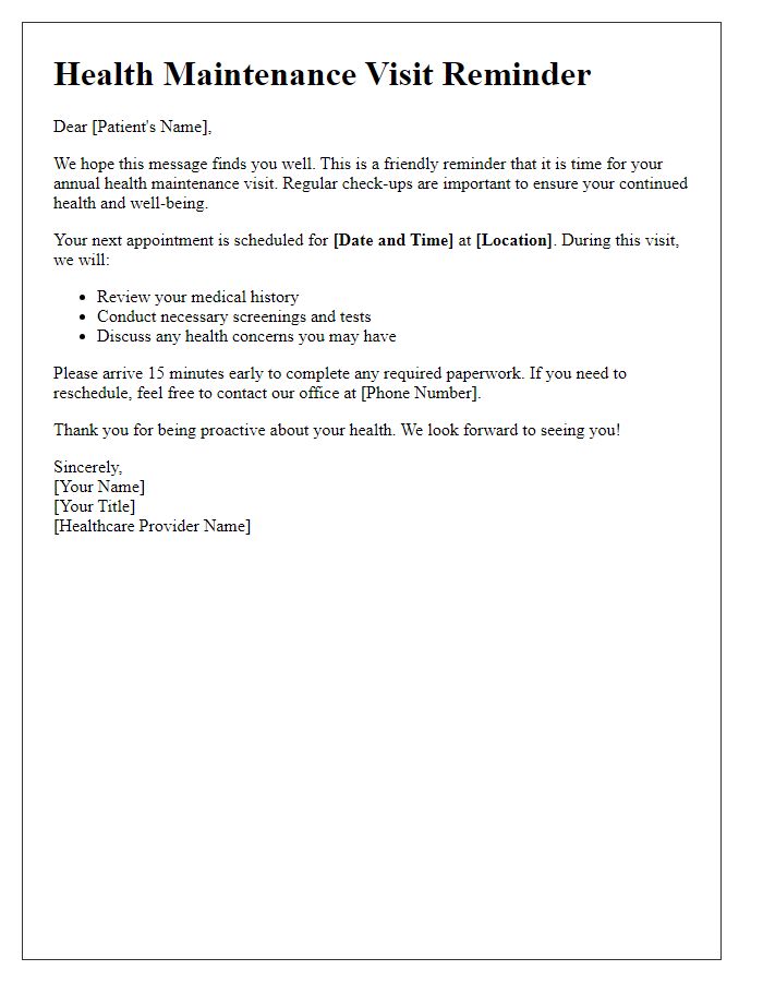 Letter template of Health Maintenance Visit Reminder