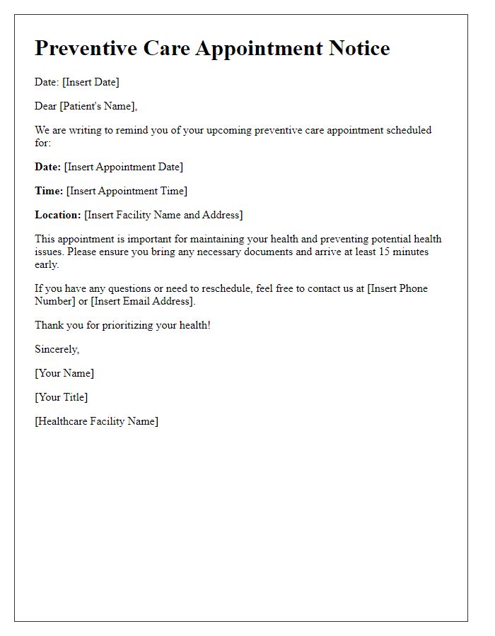 Letter template of Preventive Care Appointment Notice