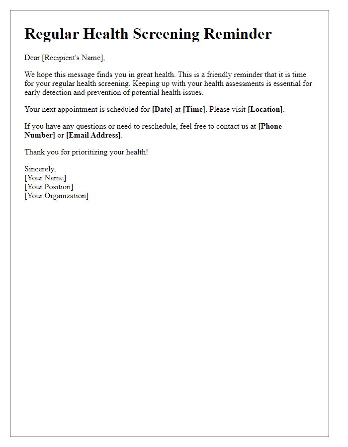 Letter template of Regular Health Screening Reminder