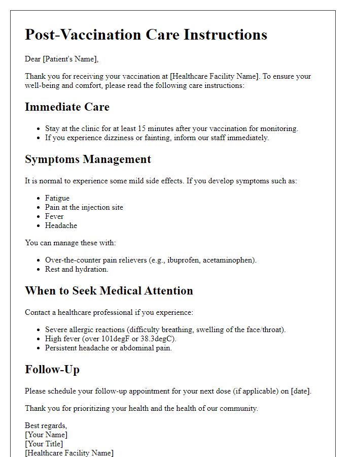 Letter template of post-vaccination care instructions for patients