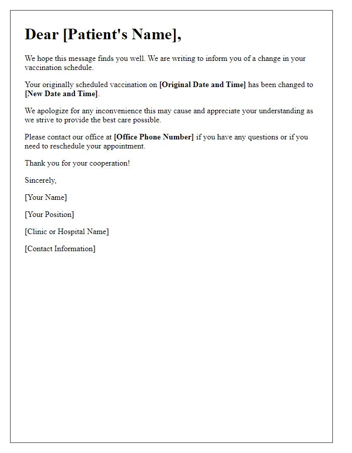 Letter template of vaccination schedule change for patients