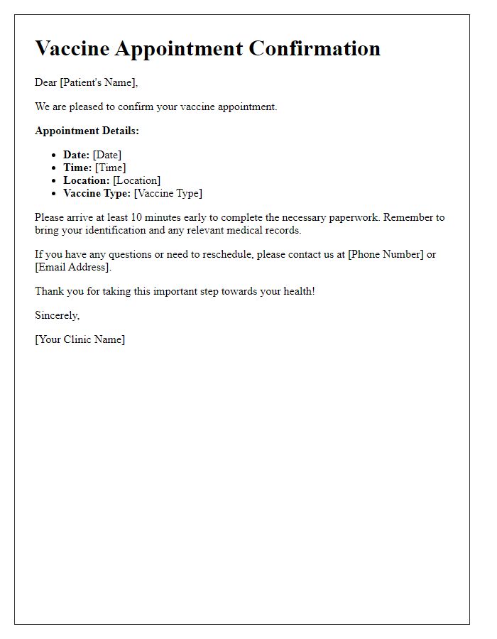 Letter template of vaccine appointment confirmation for patients