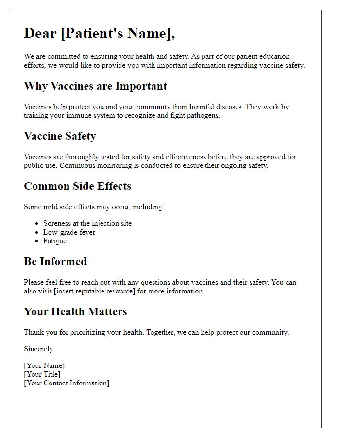 Letter template of vaccine safety information for patient education