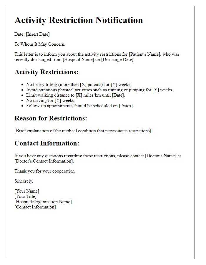 Letter template of activity restrictions after hospital discharge