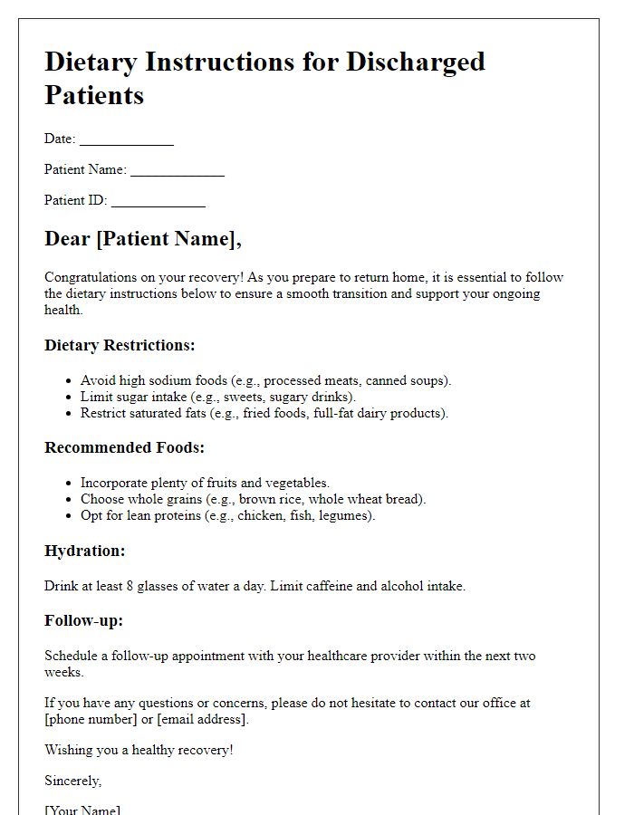 Letter template of dietary instructions for discharged patients