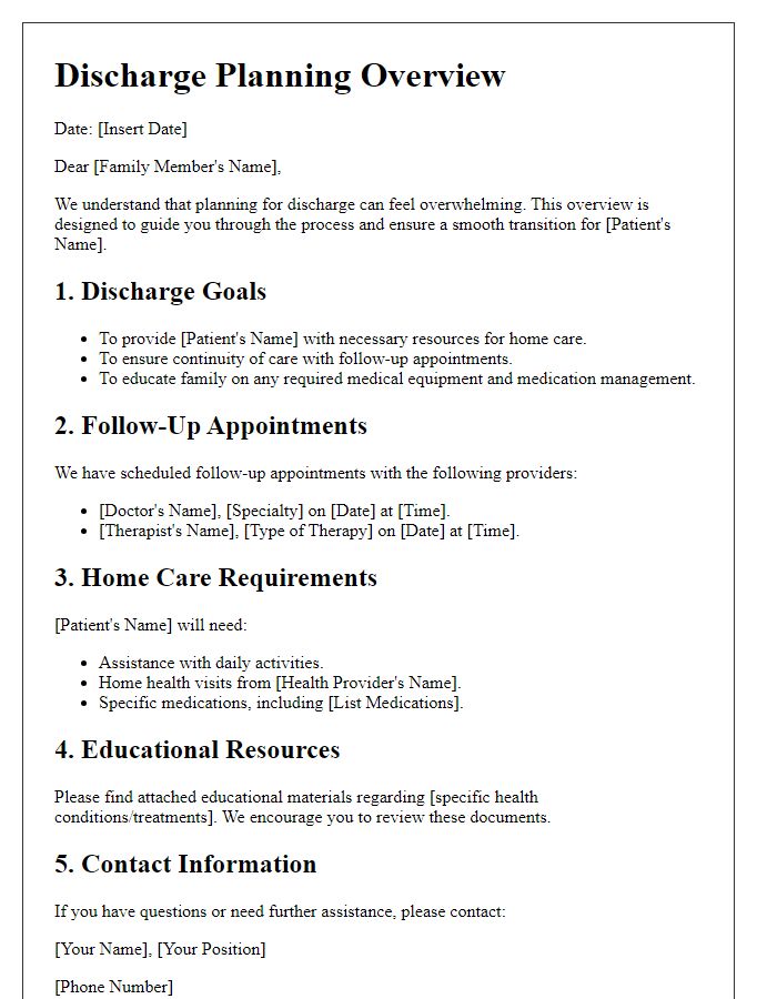 Letter template of discharge planning overview for families