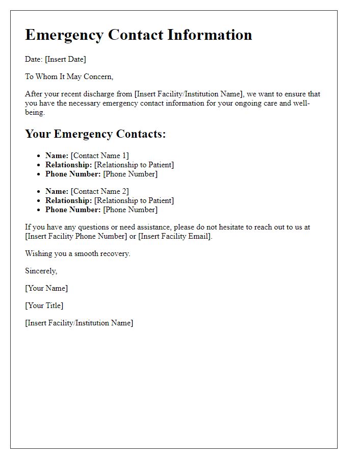 Letter template of emergency contact information after discharge