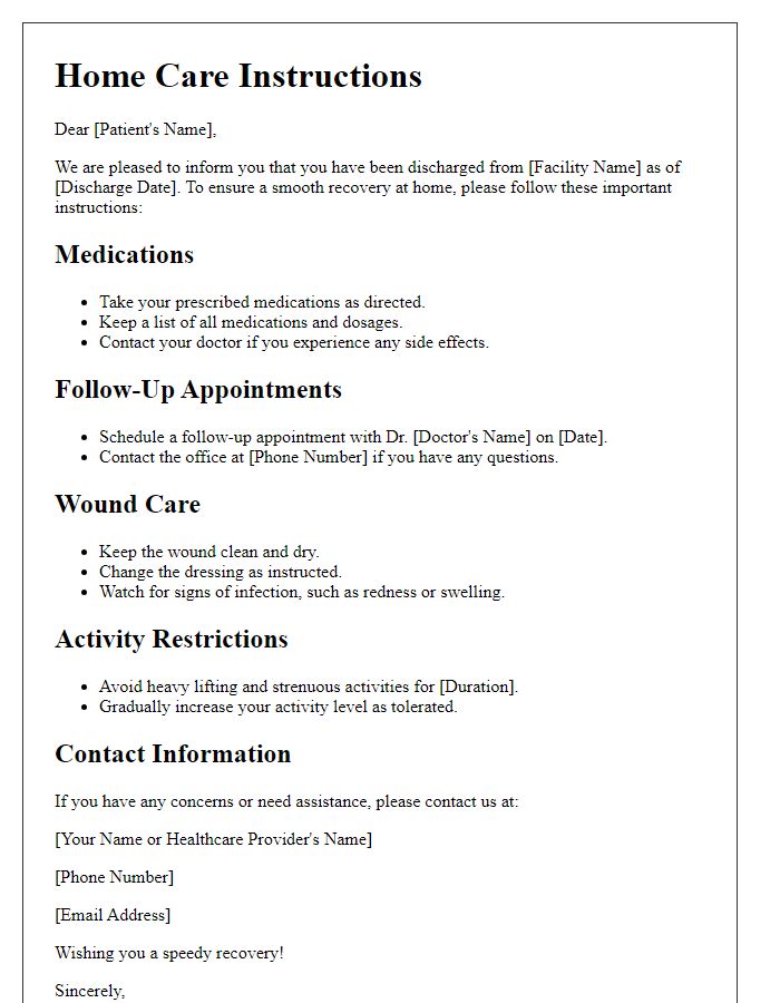 Letter template of home care instructions post-discharge