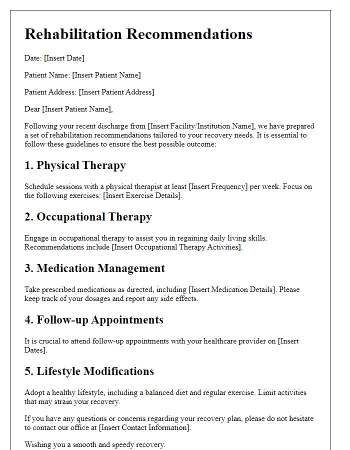 Letter template of rehabilitation recommendations following discharge