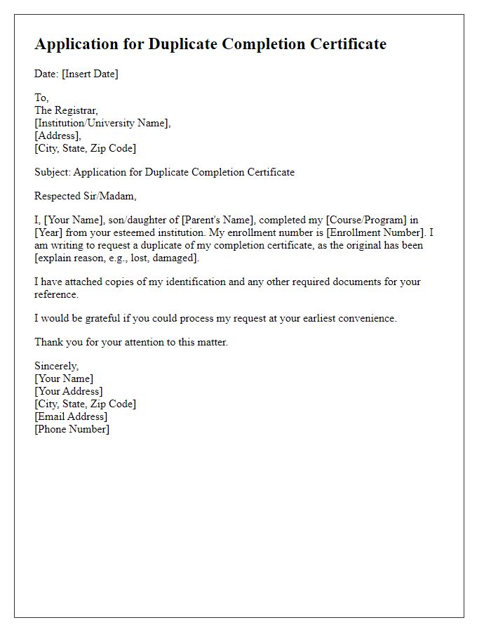 Letter template of application for duplicate completion certificate