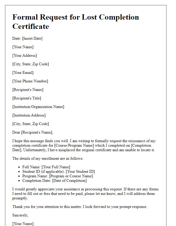 Letter template of formal request for lost completion certificate