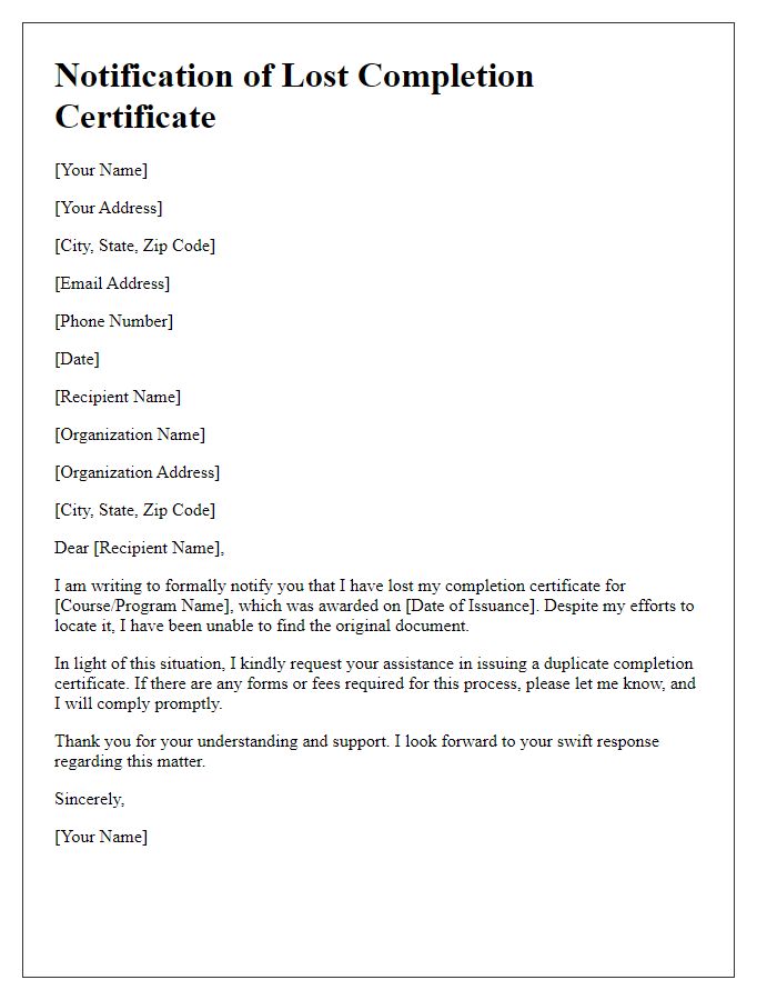 Letter template of notification for loss of completion certificate