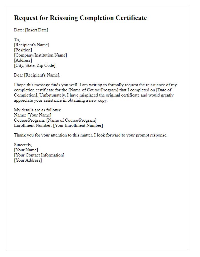 Letter template of request for reissuing completion certificate