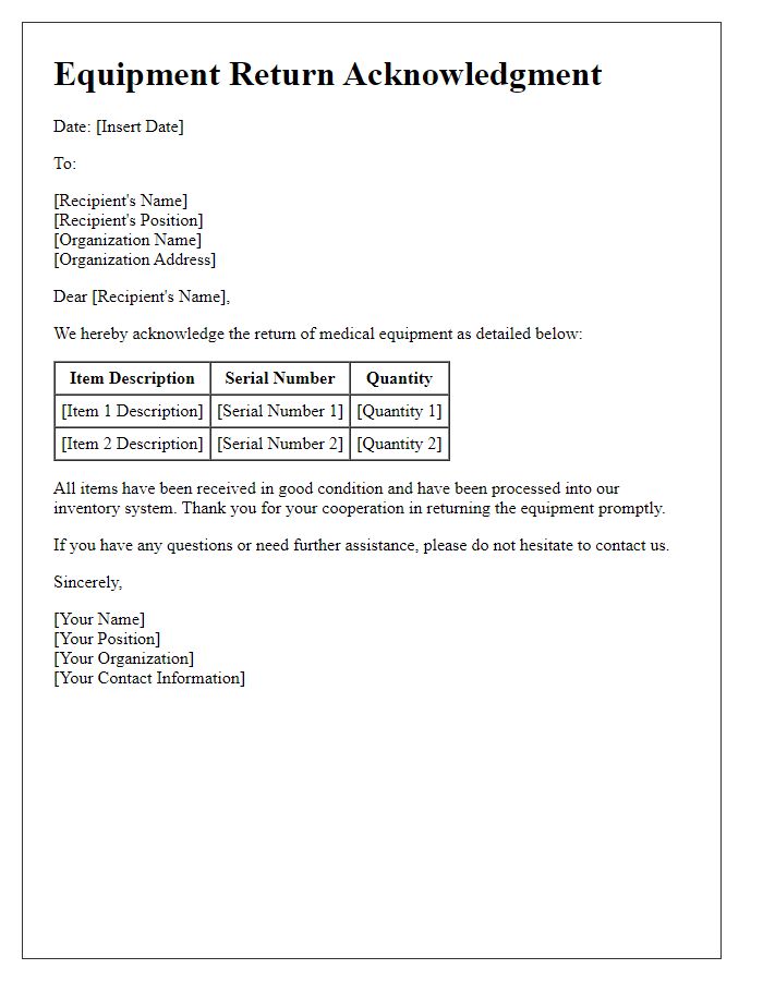 Letter template of equipment return acknowledgment for medical supplies