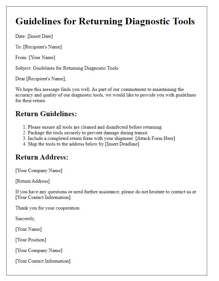 Letter template of guidelines for returning diagnostic tools