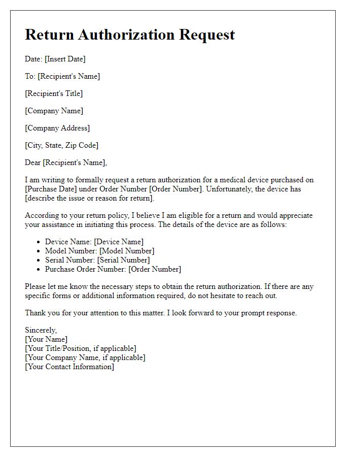 Letter template of medical device return authorization request